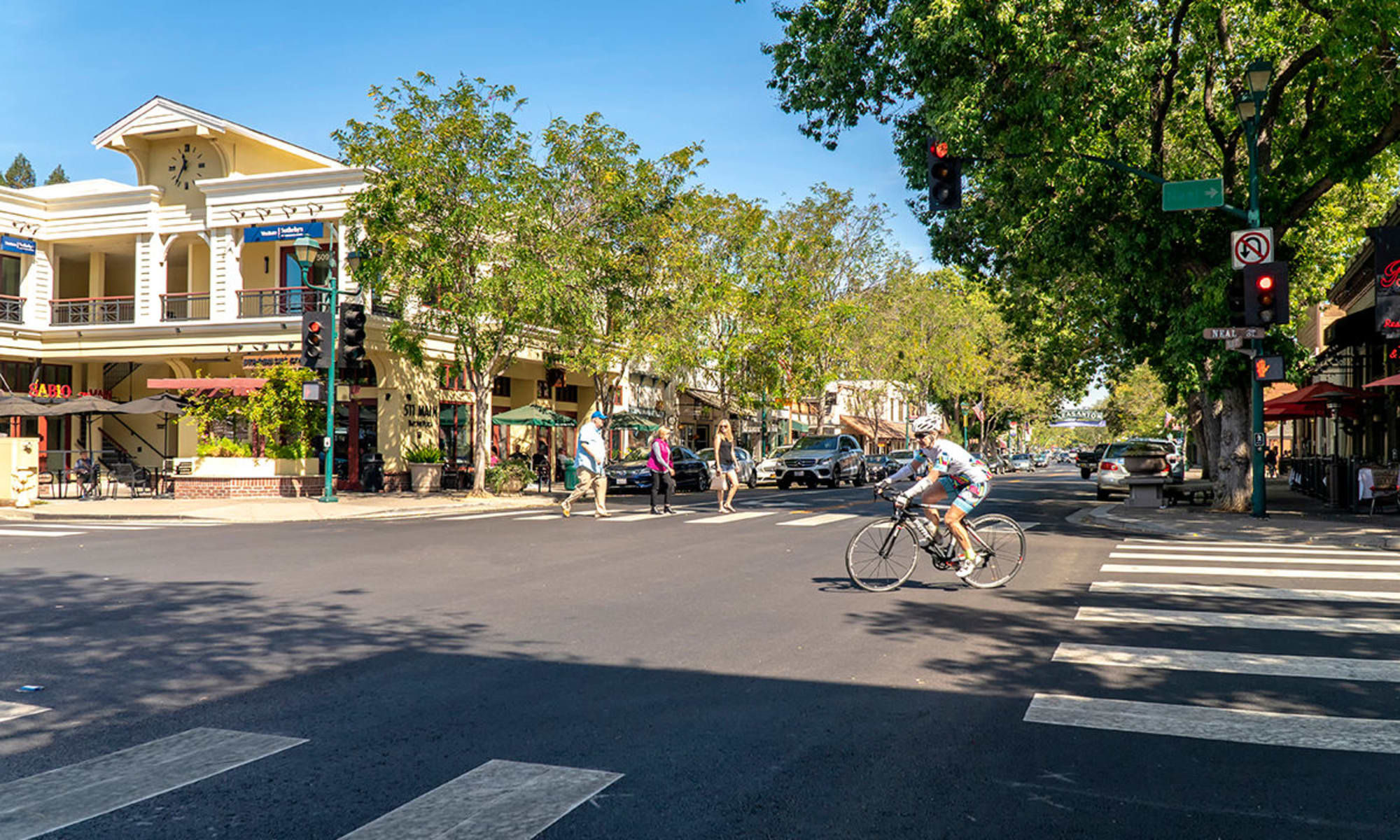 Resident biking downtown near Valley Plaza Villages in Pleasanton, California