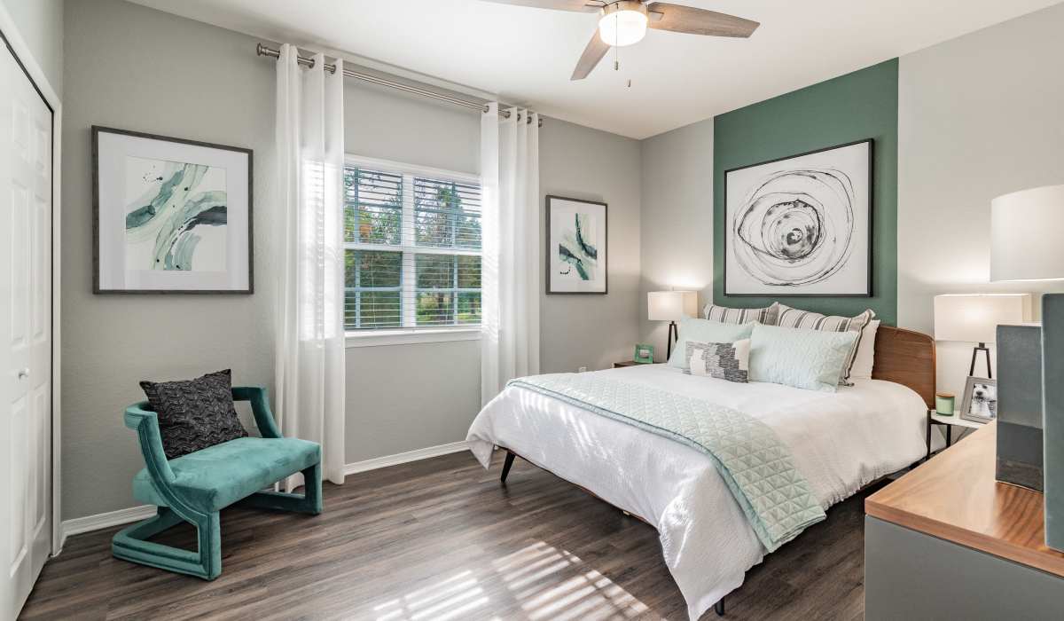 Spacious apartment bedroom with sunlit window and ceiling fan at The Parq at Cross Creek in Tampa, Florida