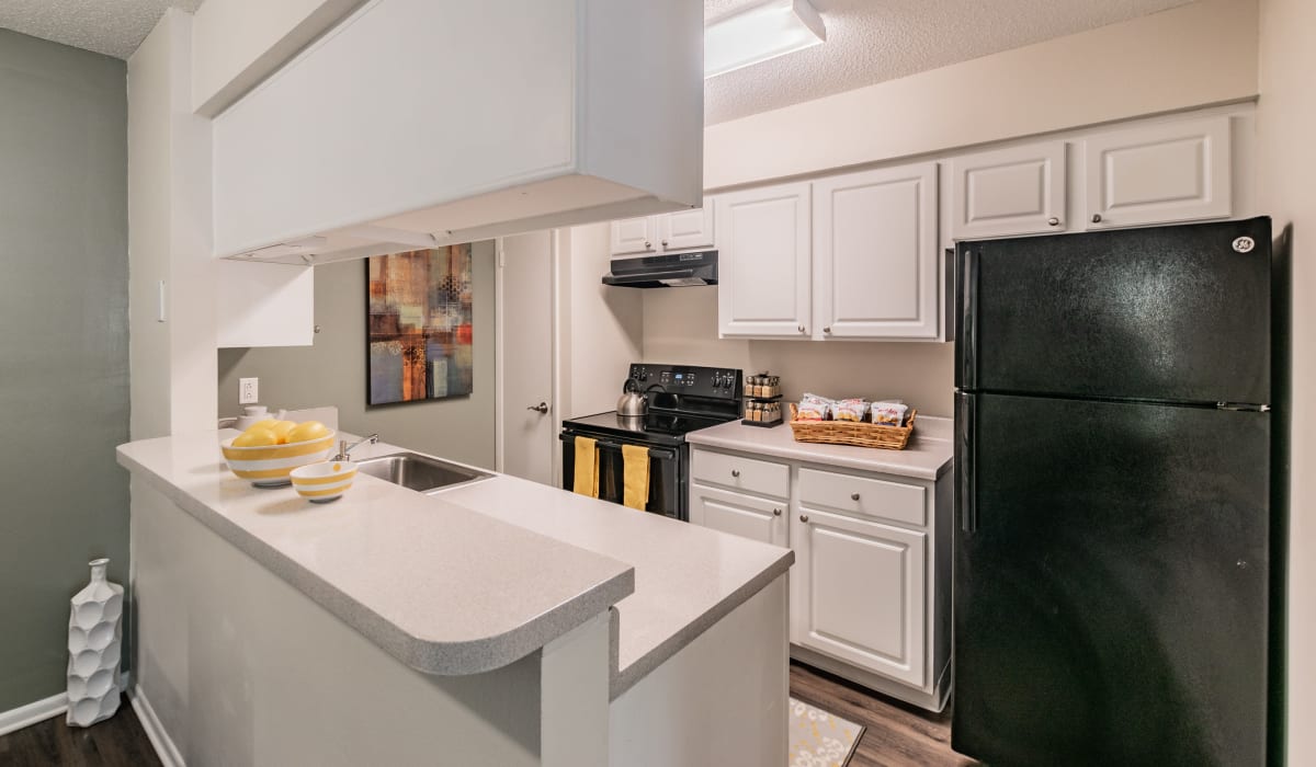 Fully equipped apartment kitchen with white cabinetry at Legend Oaks in Tampa, Florida