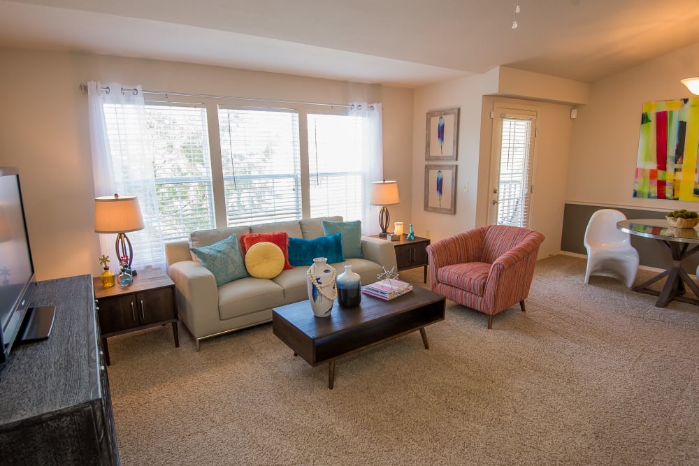 Bright living room at Villas at Aspen Park in Broken Arrow, Oklahoma