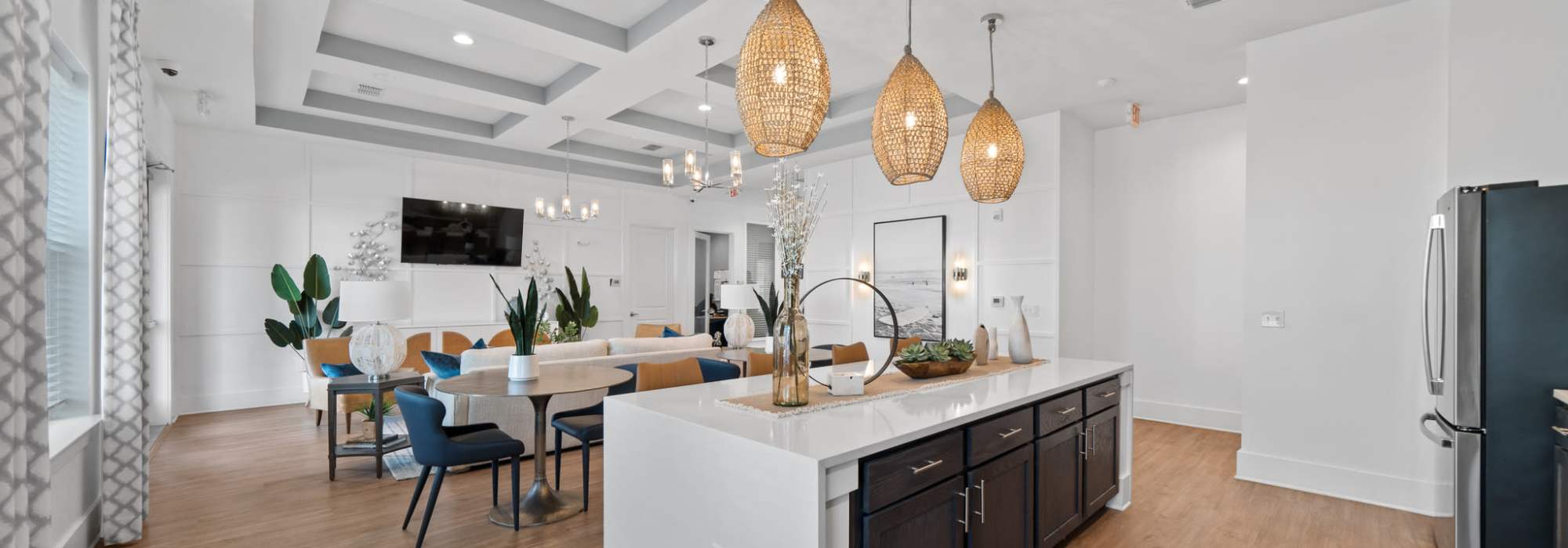 Clubhouse with spacious island and pendant lights at Fletcher Black in Panama City, Florida