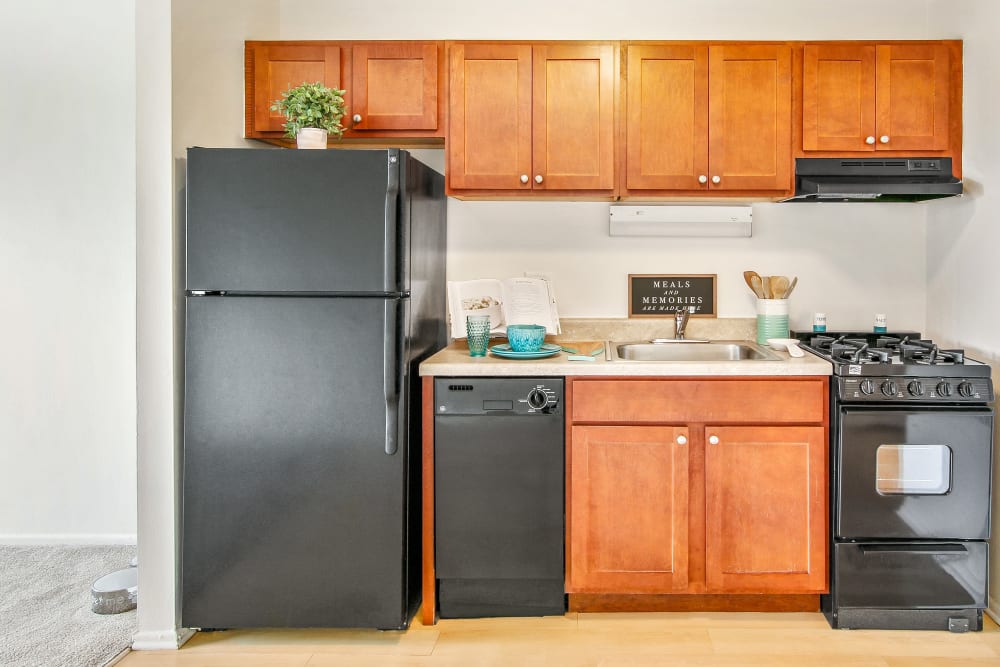 A kitchen at West Line Apartments in Hanover Park, Illinois