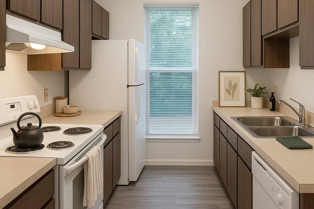 Kitchen with wooden cabinets at Creekwood Apartments in Gainesville,Florida