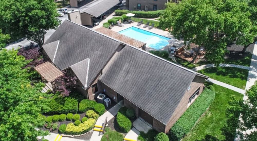 Beautiful landscaping surrounding resident clubhouse at Springhill Apartments in Overland Park, Kansas