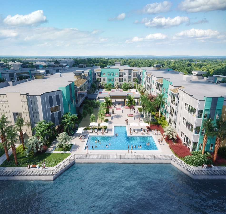 An aerial render of our luxurious apartment homes at The Vivien in Vero Beach, Florida