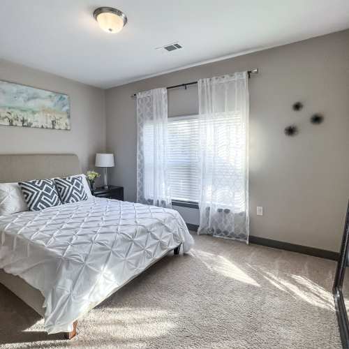 Model apartment bedroom at District 119 in Oklahoma City, Oklahoma
