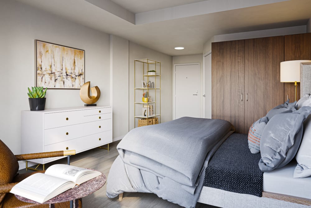 A model bedroom at Holden of Bellevue in Bellevue, Washington