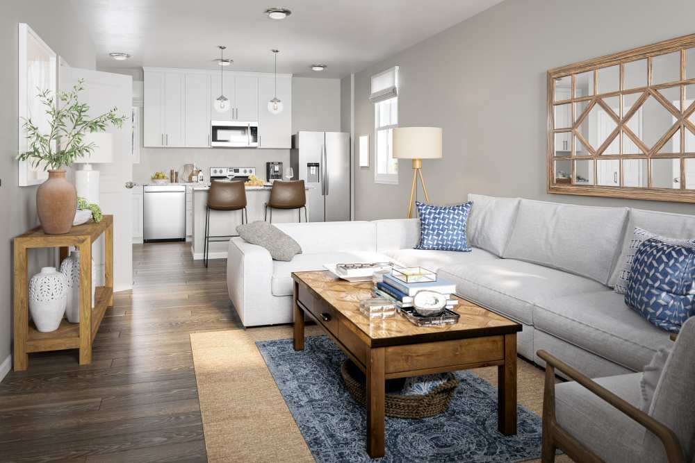 Modern living room with sunlight on the floor at Argent Cottages in Hardeeville, South Carolina