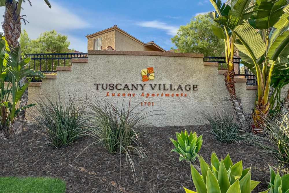 Monument sign at the entrance to the property at Tuscany Village Apartments in Ontario, California