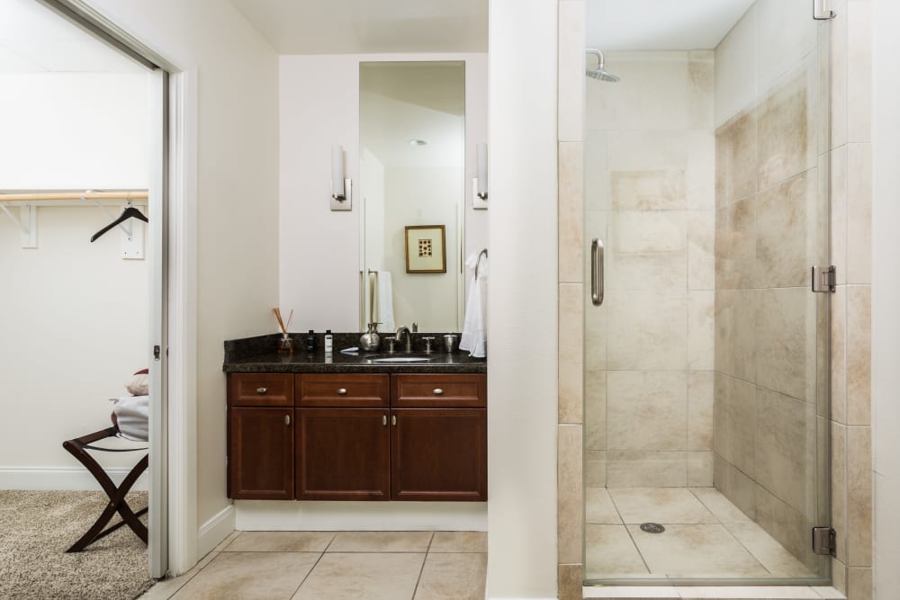 Bathroom next to the walk-in closet at The Heights at Park Lane in Dallas, Texas