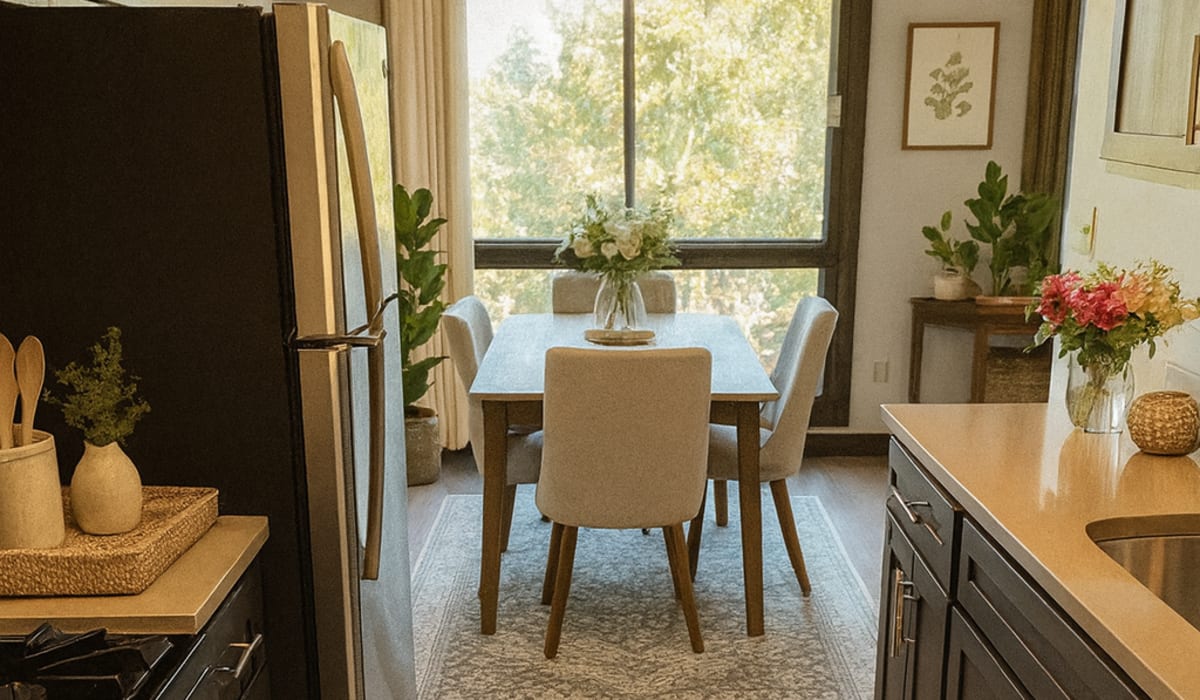 Kitchen and dining area at Cedars of Edina in Edina, Minnesota
