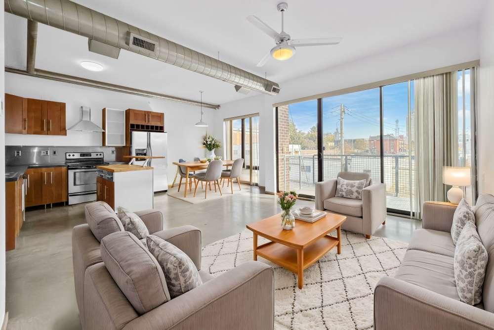 Open concept living spaces at Ingersoll Square in Des Moines, Iowa