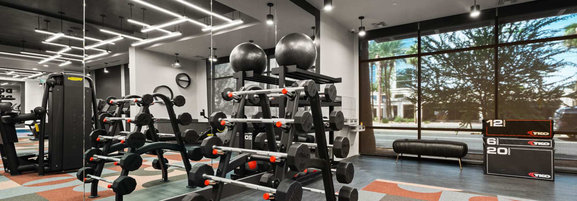 Resident fitness center with equipment at Aura Central in Phoenix, Arizona