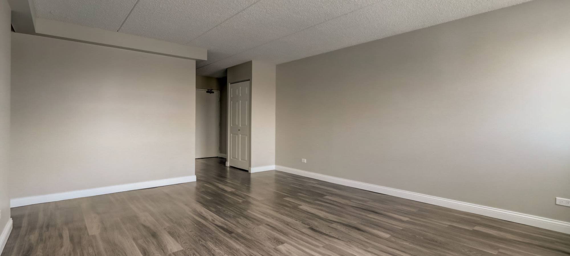 Living space with wood flooring at Bartlett Court Apartments in Streamwood, Illinois