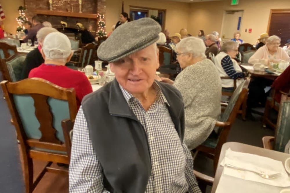 Resident in dining room at The Springs at Lancaster Village in Salem, Oregon