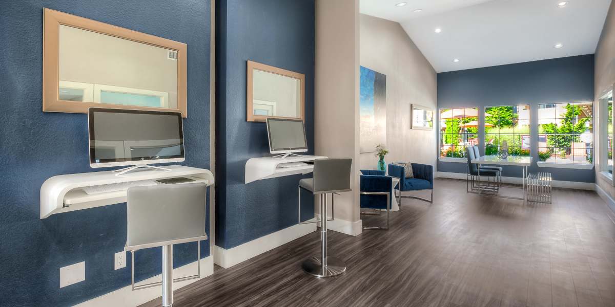 Computers in the resident clubhouse at Newport Crossing Apartments in Newcastle, Washington
