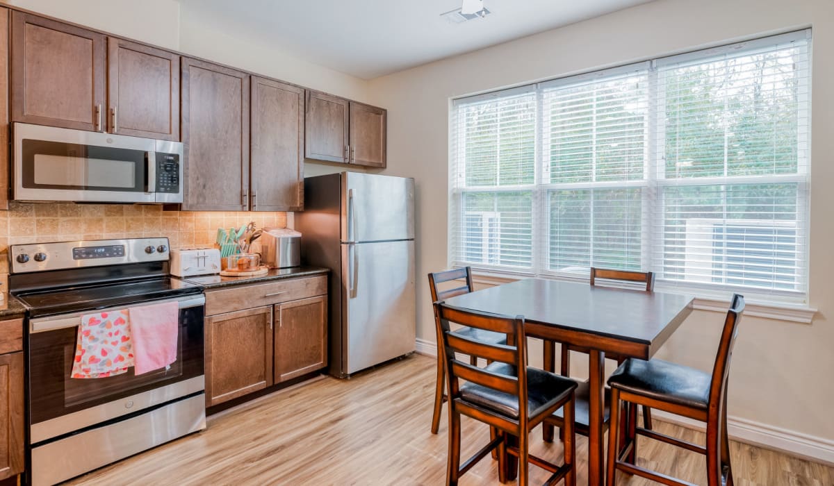Stainless-steel appliances in a kitchen at Huntsville Village Apartments in Huntsville, Texas