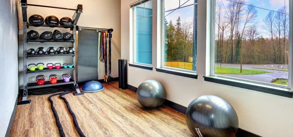 Fitness center with yoga balls at Allegro in Lynnwood, Washington 
