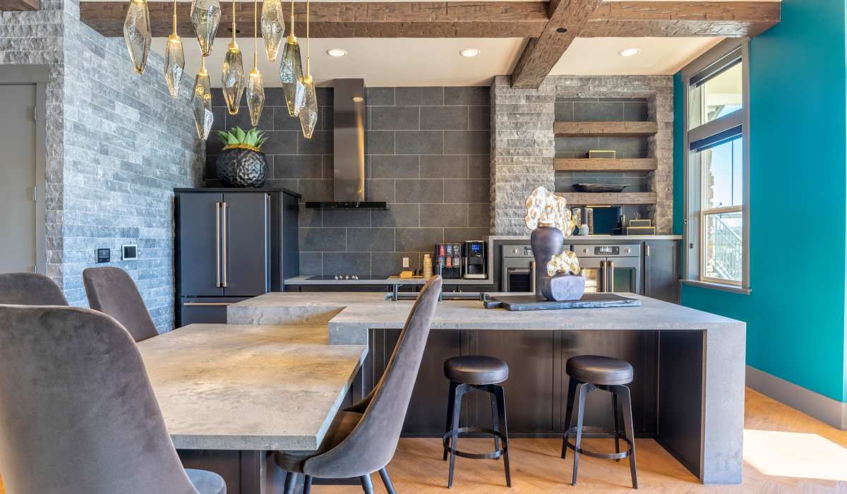 Kitchen in the clubhouse at Alira Apartments in Sacramento, California