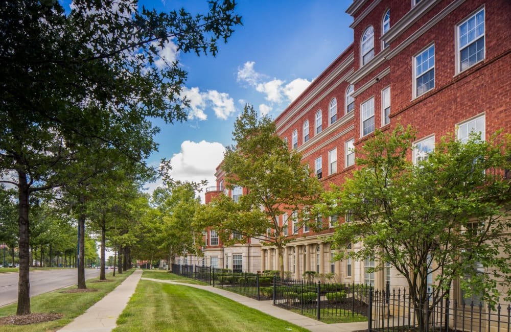 Walkway outside of homes at Easton Commons Apartments & Townhomes in Columbus, Ohio
