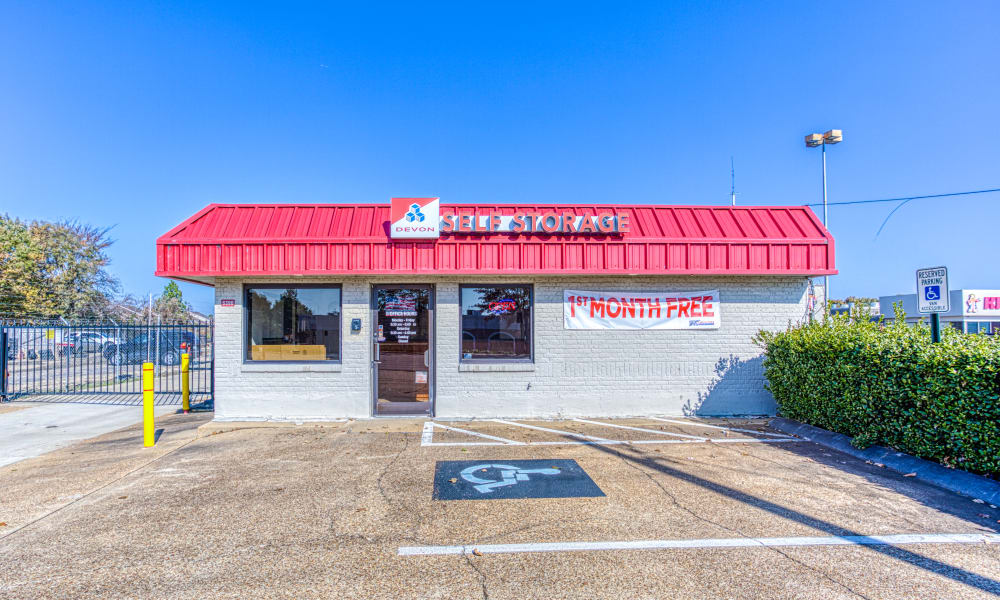 The front of the building at Devon Self Storage in Memphis, Tennessee