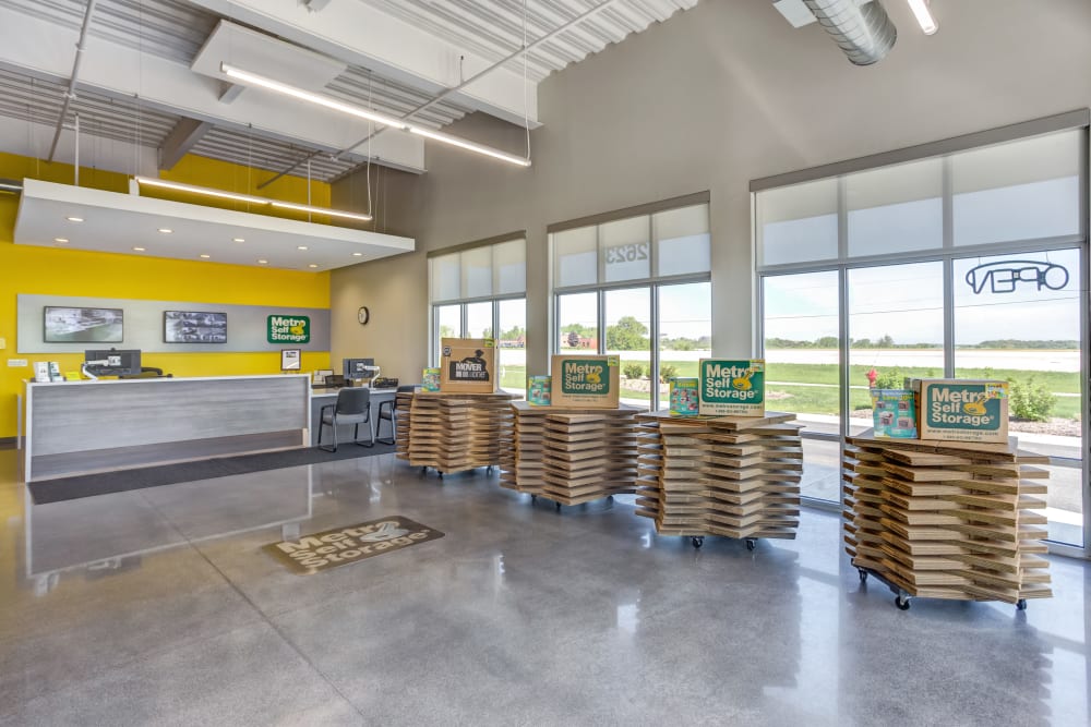 Leasing office offering storage supplies such as boxes and tape at Metro Self Storage in St. Charles