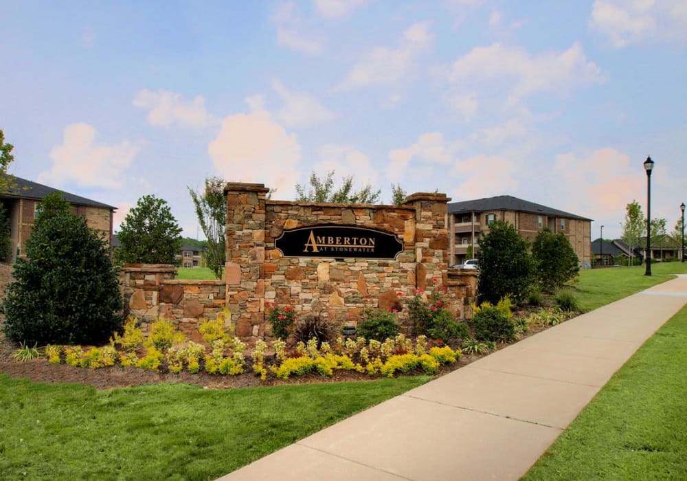 Front sign at dusk at Amberton at Stonewater in Cary, North Carolina