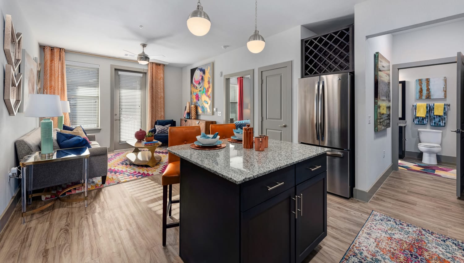 Kitchen island and living room at Rocket Pointe in Durango, Colorado