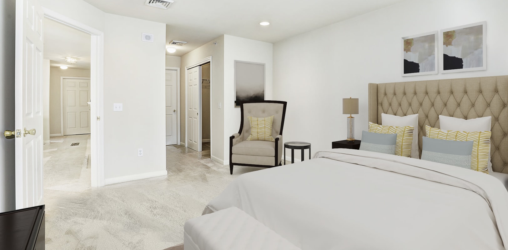 Large master bedroom with woo-style flooring at Hanover Glen in Bethlehem, Pennsylvania