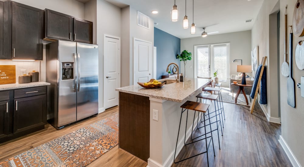 Kitchen with stainless-steel appliances at Luxia River East in Fort Worth, Texas