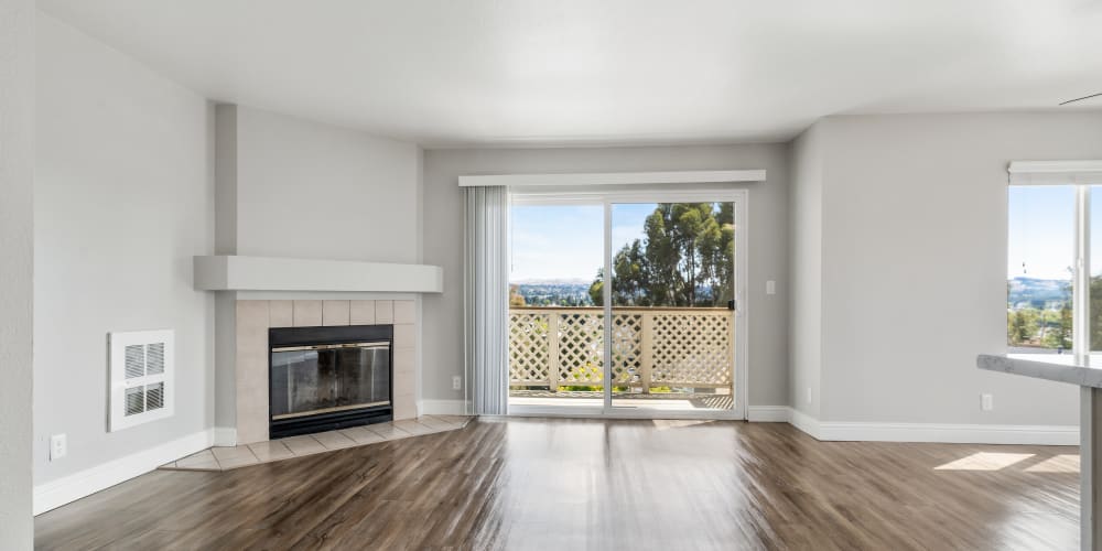 Fire place featuring huge sliding door at Quail Hill Apartments in Castro Valley, California