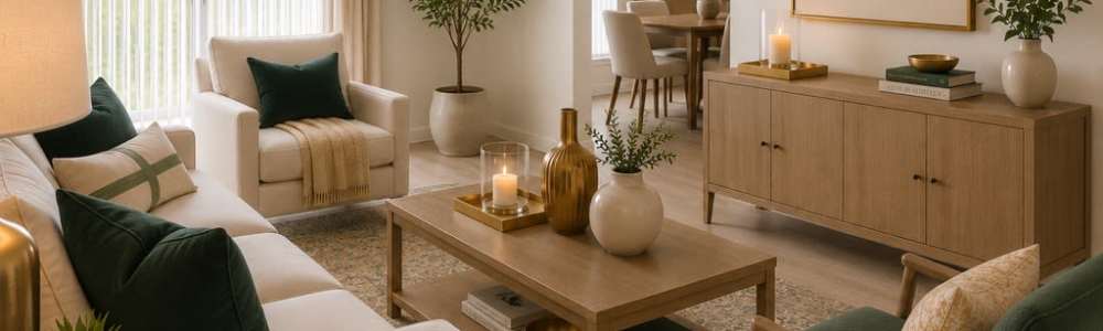 Living room with cozy neutral sofa and decor at Pinnacle at Afton in Richmond, Virginia 