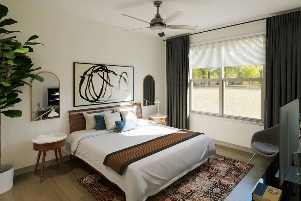 Bright apartment bedroom at The Waters at Millerville in Baton Rouge, Louisiana