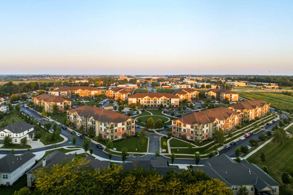 Wide aerial view of the community at Boulders at Overland Park Apartments in Overland Park, KS