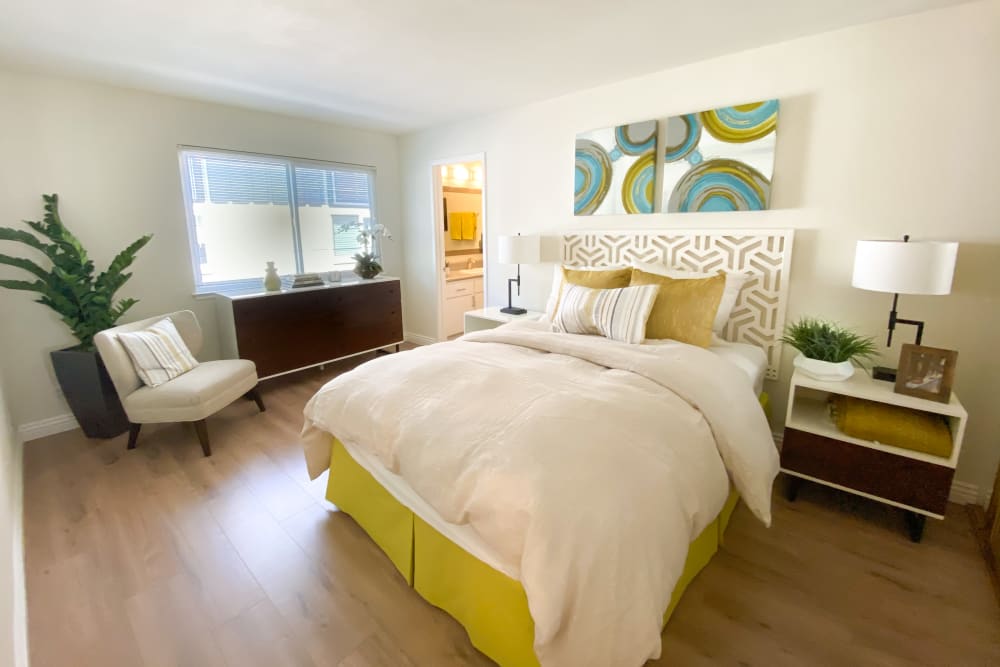 Bright, cozy bedroom at Greendale Apartments in Mountain View, California