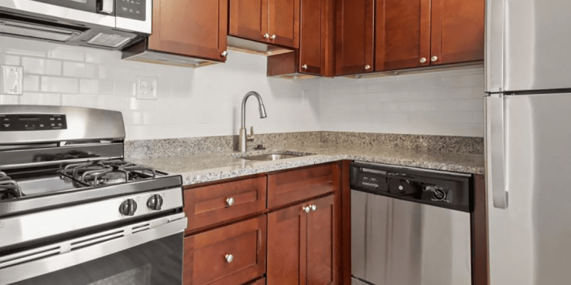 Model kitchen at Tuscany Woods Apartments in Windsor Mill, Maryland