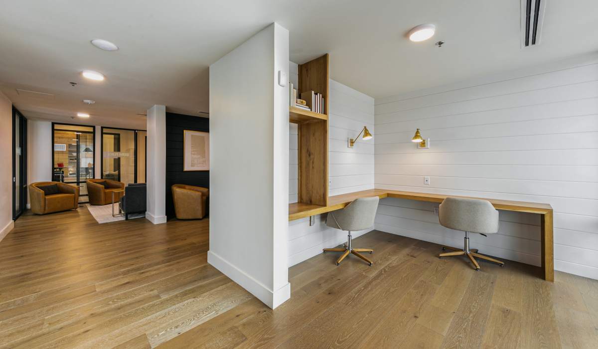 Business center with computer desk at The View at Belterra in Austin, Texas