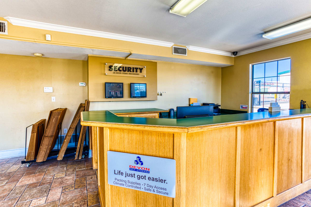 Front office where a moving truck can be rented at Devon Self Storage in Sherman, Texas