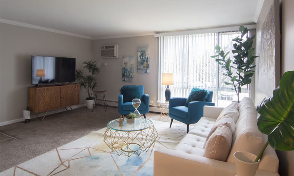 Naturally well-lit living room at Windsor Lakes Apartment Homes in Woodridge, Illinois
