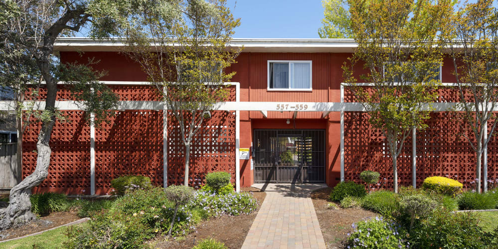 Outdoor entrance at Garden Court Apartments in Alameda, California