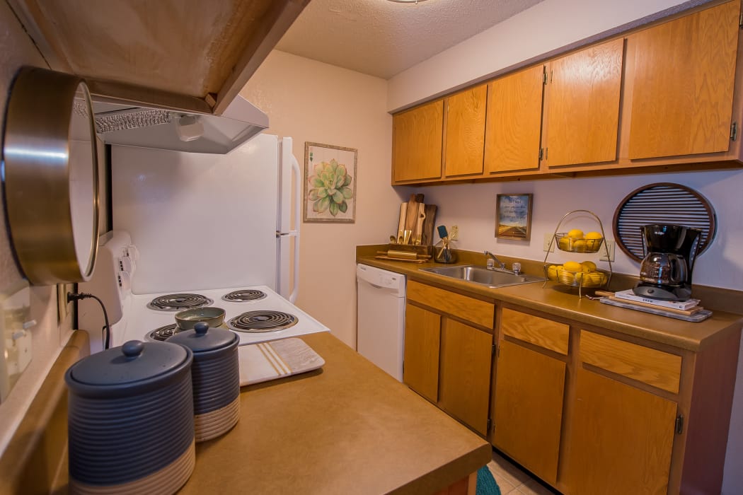Kitchen with plenty of counter space at Silver Springs Apartments in Wichita, Kansas