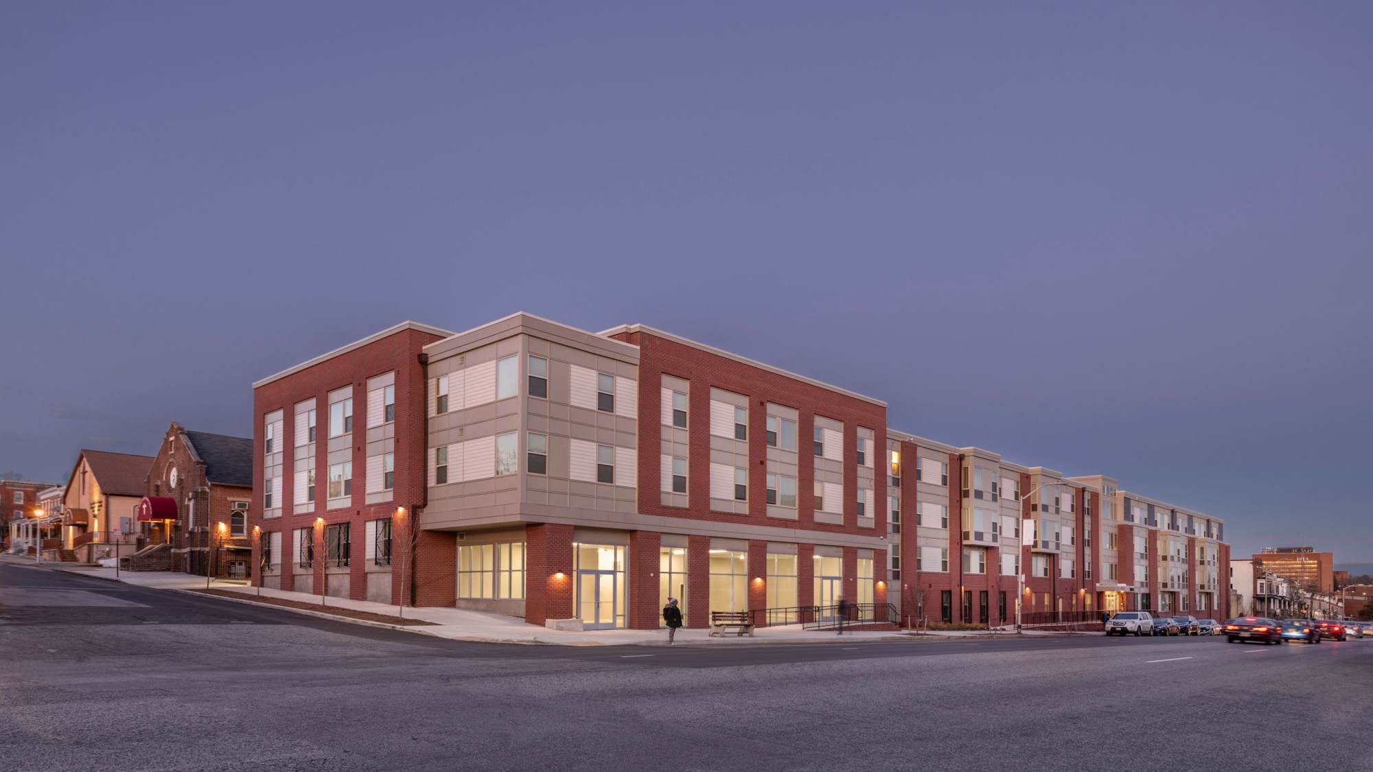 View of building at night North Avenue Gateway II in Baltimore, Maryland