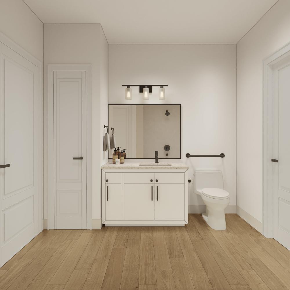 Bathroom with vanity, mirror, overhead lighting, toilet, and wood‑look flooring at The Leo at Lewisville in Lewisville, Texas.