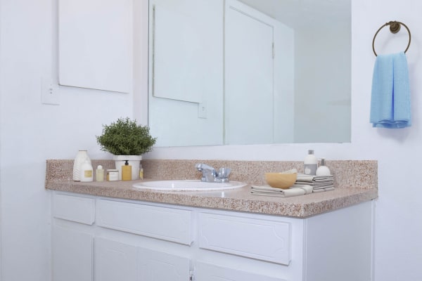 A bathroom sink in an apartment at Commons at Briarwood Park in Brookhaven, Georgia