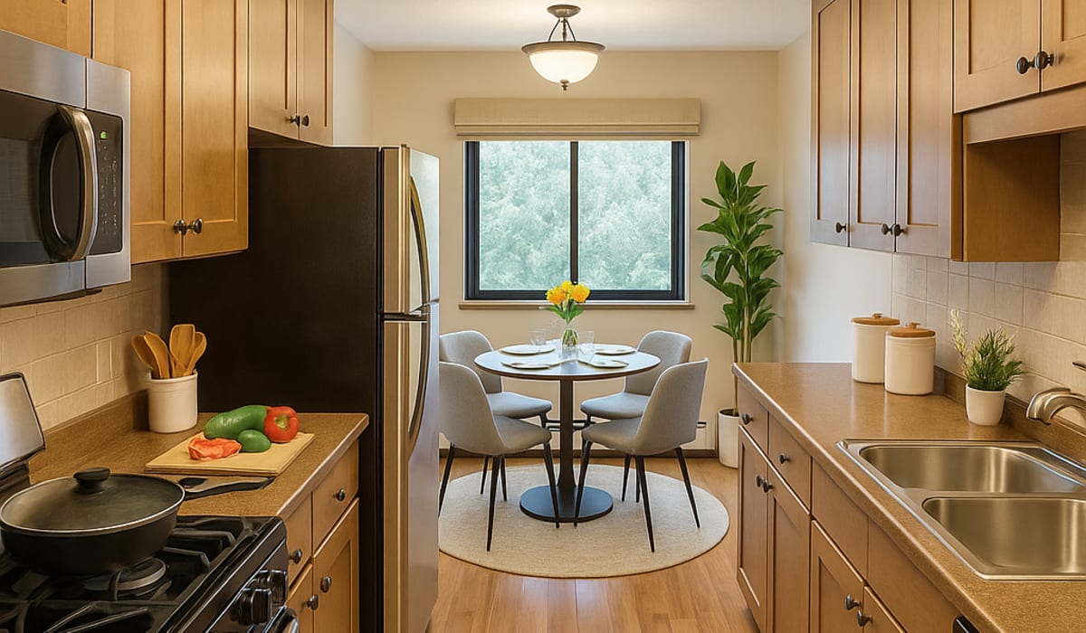 Kitchen and dining area at Cedars of Edina in Edina, Minnesota