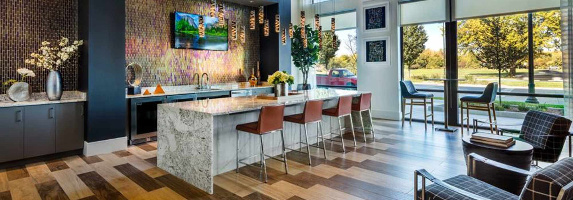 Clubhouse with kitchen and seating at The Marling in Madison, Wisconsin