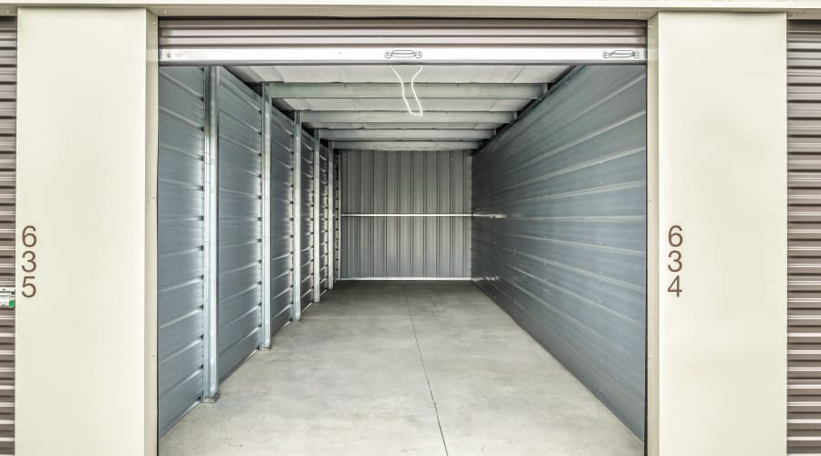 A storage unit filled with boxes at KO Storage in Bethany, Oklahoma