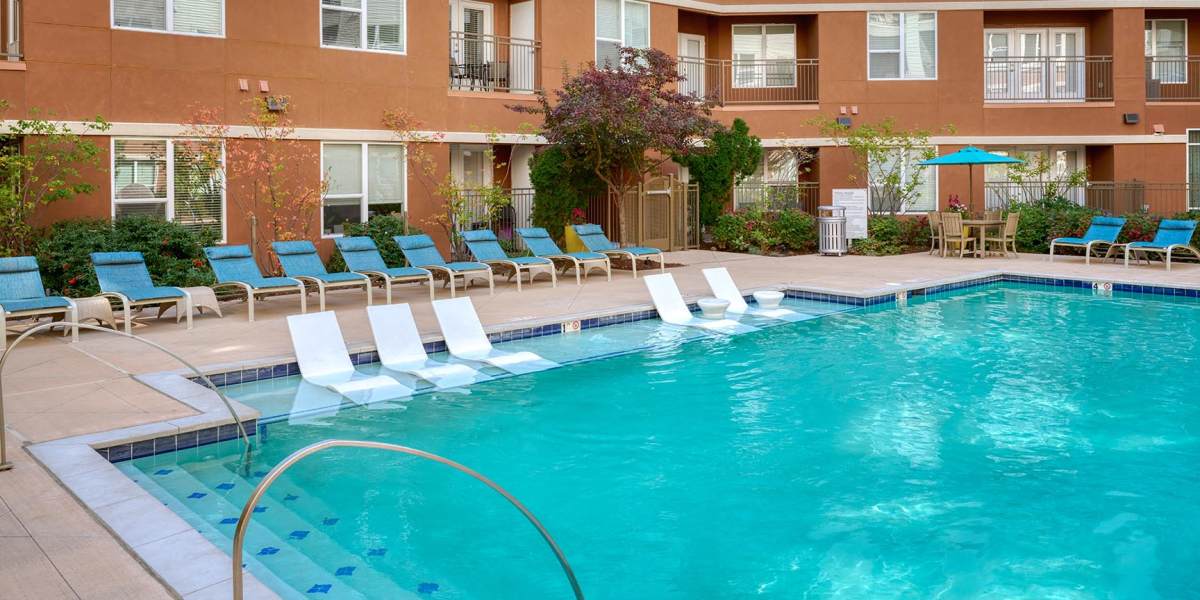 Beautiful resort-style swimming pool at Helios in Englewood, Colorado