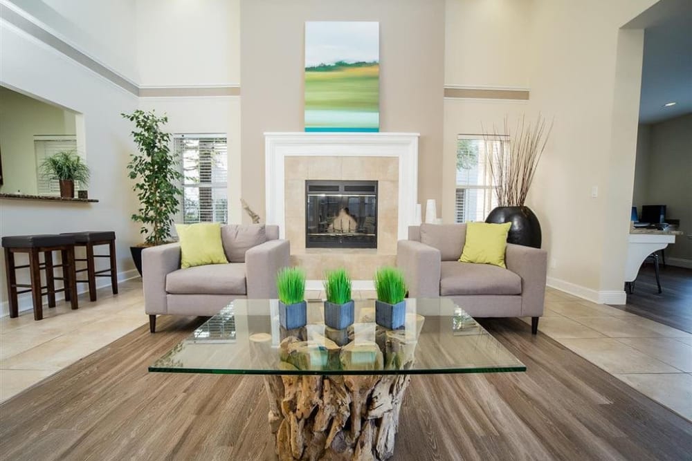 Resident clubhouse with a fireplace Shaliko in Rocklin, California.