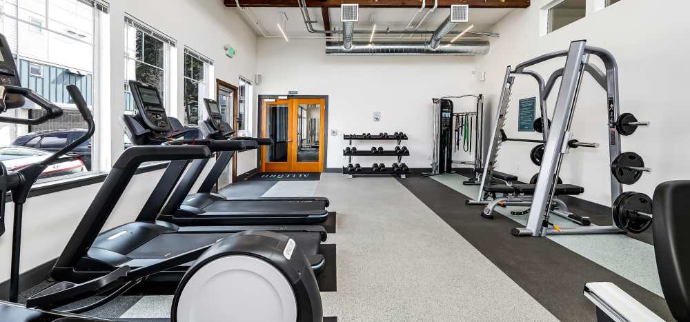 A fitness center with treadmills at Allegro in Lynnwood, Washington 